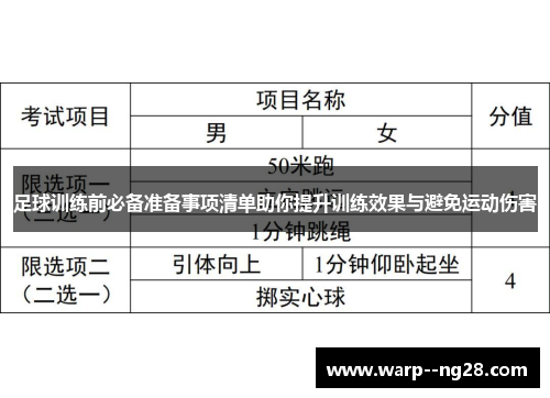 足球训练前必备准备事项清单助你提升训练效果与避免运动伤害