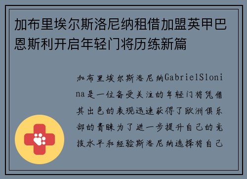 加布里埃尔斯洛尼纳租借加盟英甲巴恩斯利开启年轻门将历练新篇