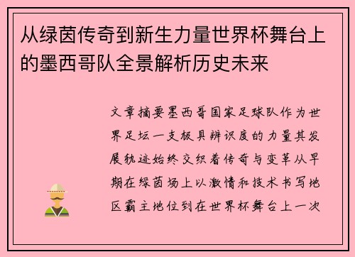 从绿茵传奇到新生力量世界杯舞台上的墨西哥队全景解析历史未来
